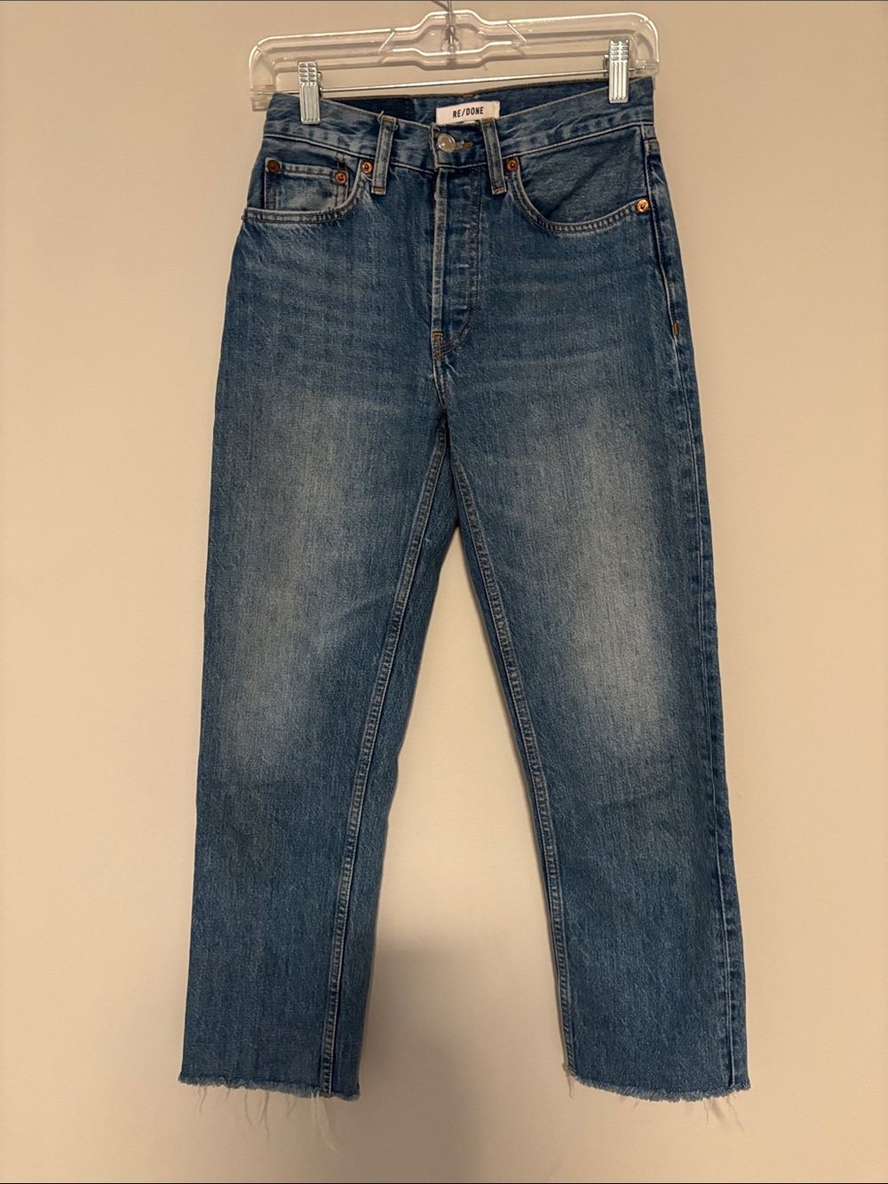 RE/DONE 70s stove pipe straight leg/raw hem/button fly denim size 24